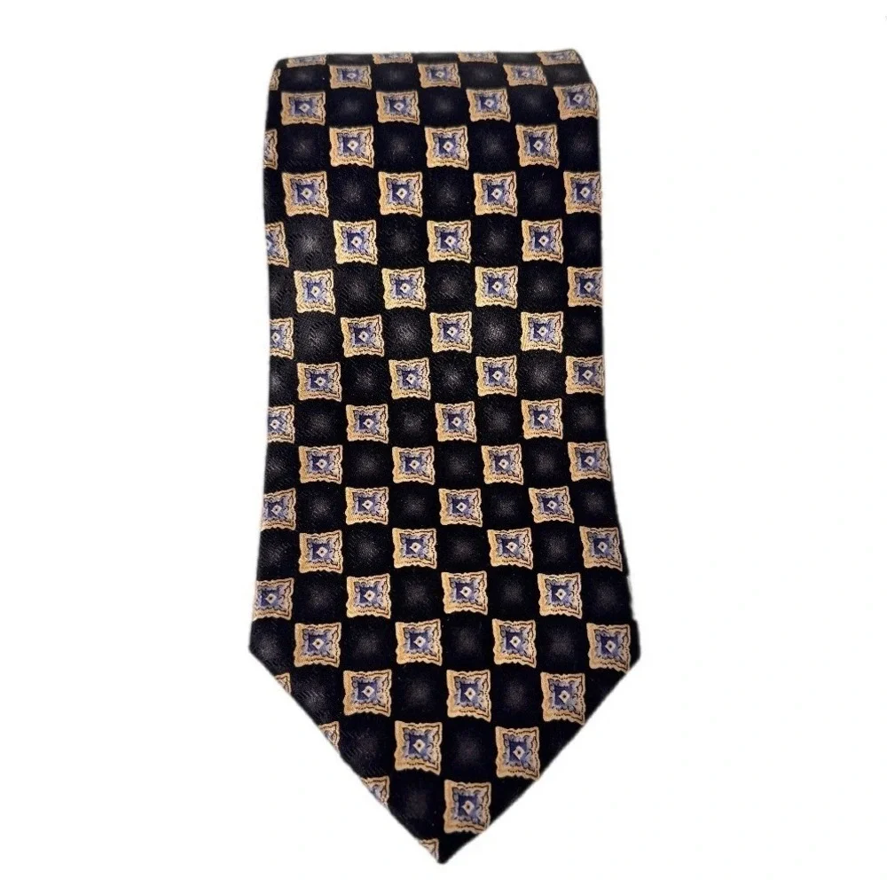VTG Roundtree & Yorke Necktie Men Black Blue Gold Geometric Silk Handmade in USA